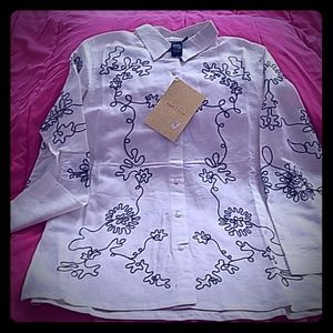 White button front top with black design